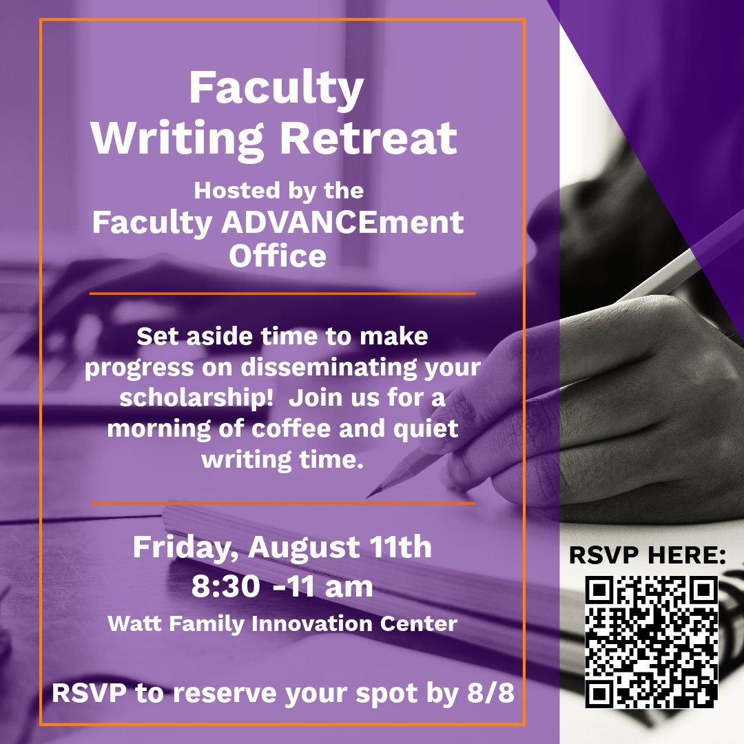 The new Office of Faculty ADVANCEment would like to announce a  “Faculty Writing Retreat” on Friday, August 11th. The purpose of this event is to give Clemson Faculty Members uninterrupted time to work on a writing project of their choice- 
RSVP: forms.gle/Kv4qp8UQpdbLN9…
