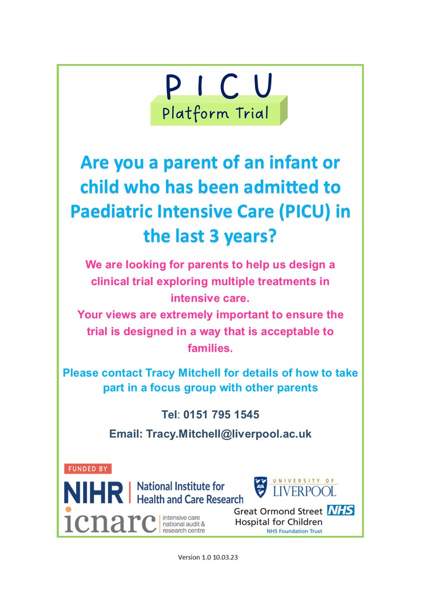Has your child been admitted to Paediatric Intensive Care (PICU) in the last three years or are you a patient and public involvement member of a paediatric clinical trial? Please help us design a clinical trial exploring multiple treatments in PICU. Contact me for more info.