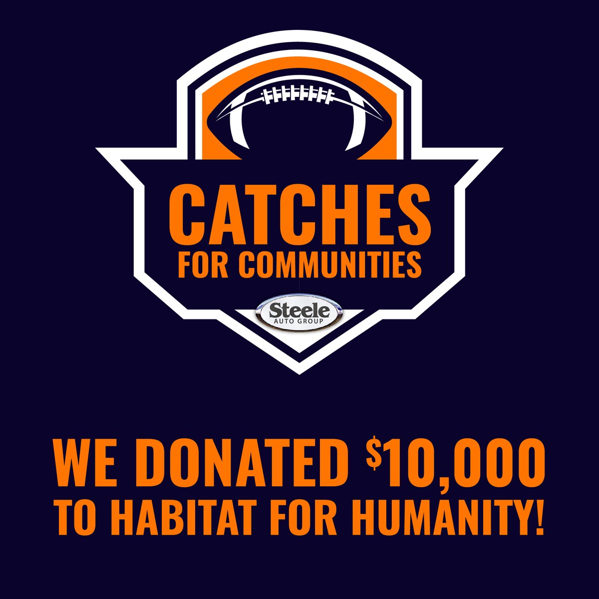 steeleauto's tweet photo. We are thrilled to announce that, as a result of this past weekend’s Touchdown Atlantic game, counting catches for Catches For Communities, we have donated $10,000 to Habitat for Humanity!🏈
#TDAtlantic #steeleautogroup #steelegivesback #whysteeleauto #habitatforhumanity #cfl https://t.co/wt2TrzhB6T
