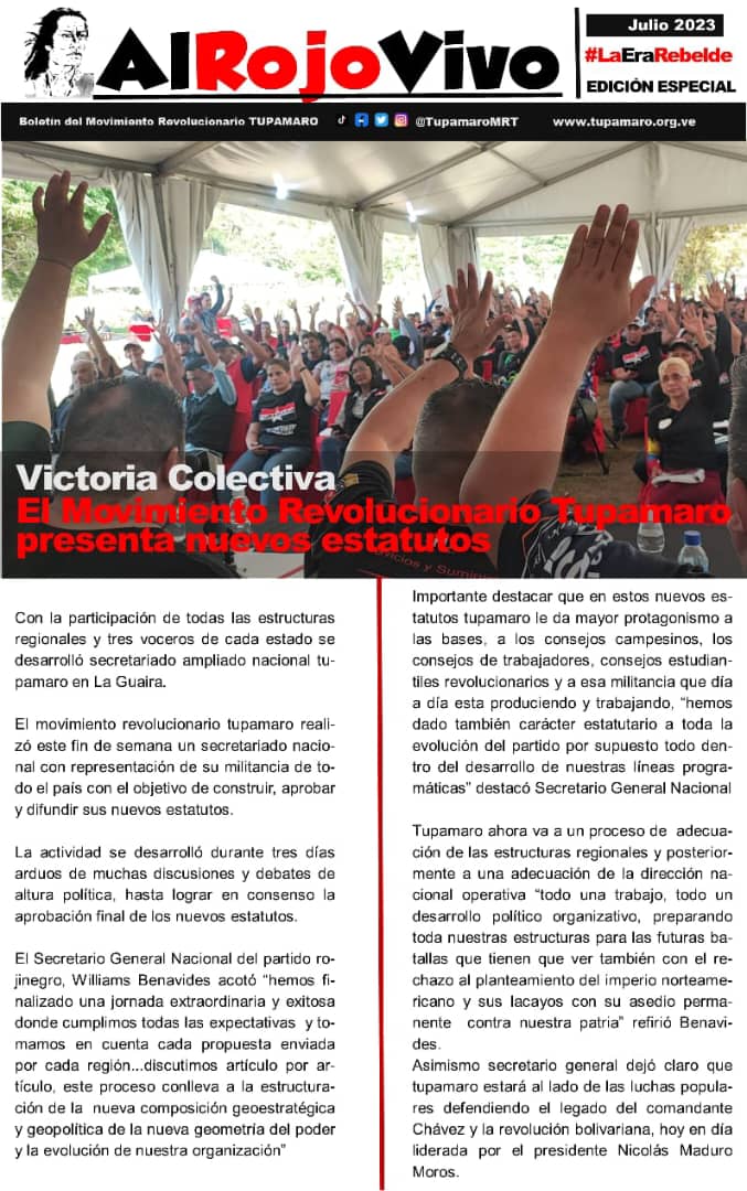 Julio Victorioso 🔴⚫
#Tupamaro evoluciona como partido de la mano de los movimientos sociales con nuevos #EstatutosTupamaro2023 para seguir avanzando sin vacilación en nuestra acción colectiva en defensa de la Revolución Bolivariana en todos los escenarios.
#MaduroTieneUnBeta