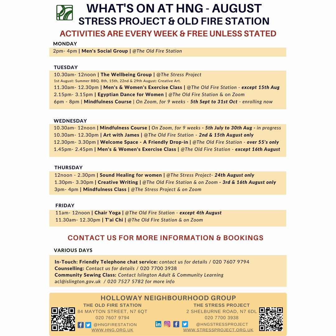 HNGFireStation's tweet photo. What's on in August at HNG - loads to to and all free. What will you choose, Art, Yoga, Sound Healing - or something else?

#holloway #islington #MentalHealthAwareness #wellness #yoga #Mindfulness https://t.co/eCDrhkO5QF