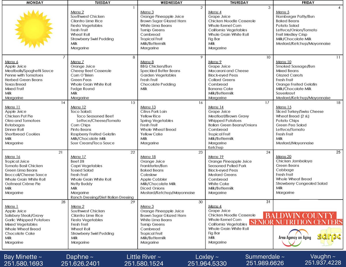 BCCommission's tweet photo. Calling all seniors in Baldwin County!
The August menu for the Baldwin County Senior Nutrition Centers is here to excite your taste buds. View the August menu, locations, and requirements at: https://t.co/XRmD8d2O7L
#BaldwinCountySeniorNutritionCenters #AugustMenu https://t.co/36Qvjpq70V