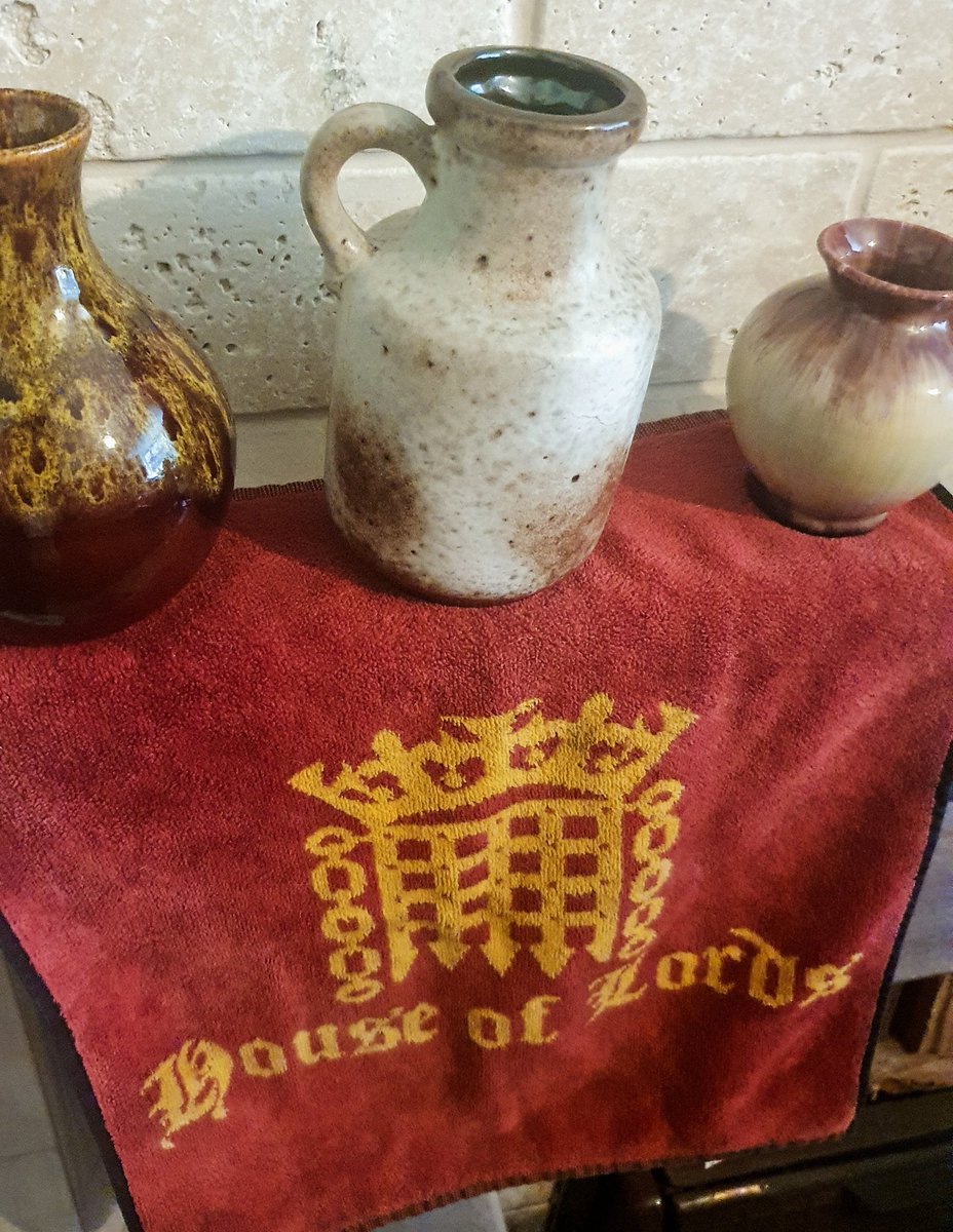 This weekends boot fair finds, bit of a mixture Oriental  and W.German pottery ,blue glass, Guiness and Tetley collectables and a House of Lords Golf towel !!!