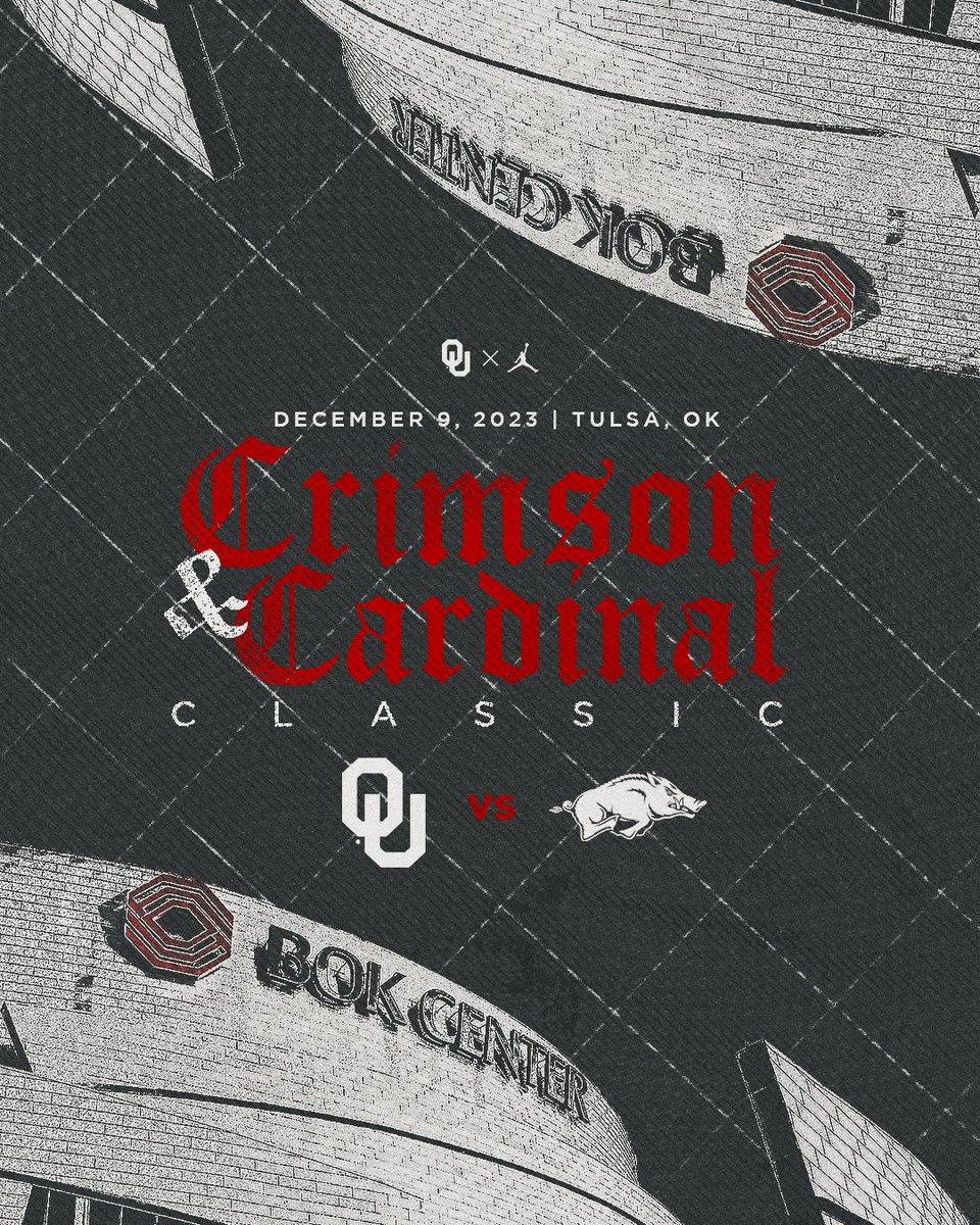 𝐓-𝐓𝐨𝐰𝐧 𝐁𝐨𝐮𝐧𝐝 📍

Sooners, Razorbacks are set to battle at <a href="/BOKCenter/">BOK Center</a> in the 𝐂𝐫𝐢𝐦𝐬𝐨𝐧 &amp; 𝐂𝐚𝐫𝐝𝐢𝐧𝐚𝐥 𝐂𝐥𝐚𝐬𝐬𝐢𝐜 on Dec. 9!

#Sooners | bit.ly/3OBTbUQ