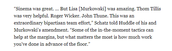 Politico Huddle today opens w/ 9 grafs on how Kristen Sinema's "magic power" of befriending Republicans helped pass the defense bill &amp; an amendment on Native American affordable housing. Then they ask amndmnt sponsor Brian Schatz who says she didn't really have much to do with it