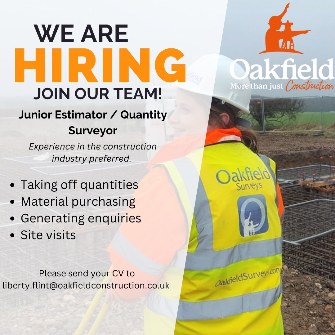 WE ARE HIRING!

We’re looking for a junior estimator / quantity surveyor to join our team. 

Please email your CV to liberty.flint@oakfieldconstruction.co.uk 

#groundworks #civilengineering #juniorestimator #quantitysurveyor #hiring