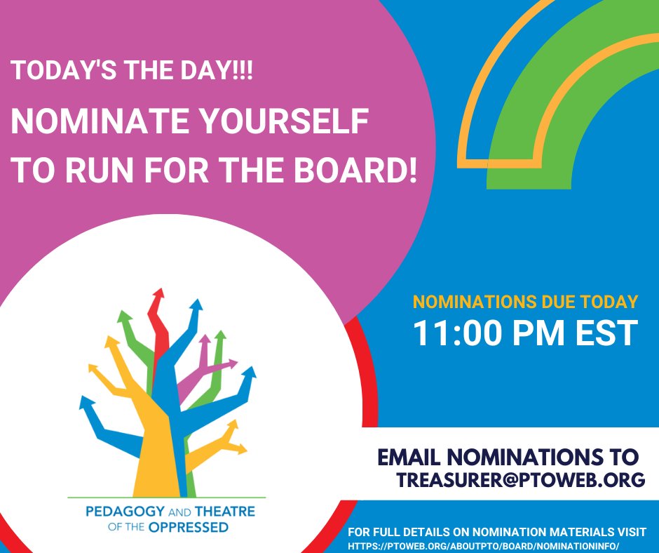 Today's the day! Nominations to run for the board of PTO are due today at 11:00pm Eastern. Send nomination materials (name, email,  physical address, face photo, 250 word statement of interest/2 min  video) to treasurer@ptoweb.org! For full details check ptoweb.org/aboutpto/board…