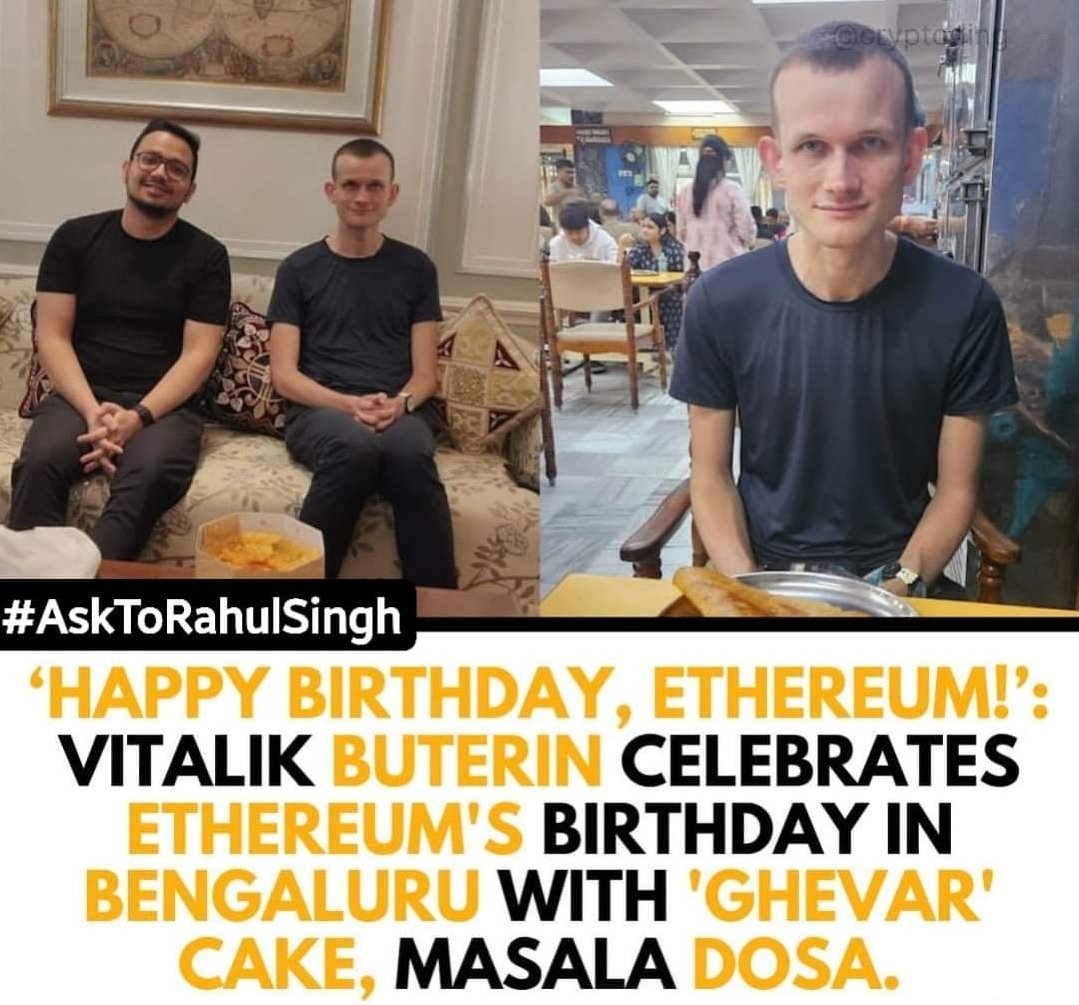 AskToRahulSingh's tweet image. #PolyNetwork COO #SandeepNailwal, who was present at the celebrations took to Twitter to share the glimpse of Buterin enjoying this Indian delicacy.

#Ethereum founder &amp;amp; Russian-Canadian computer programmer #VitalikButerin on July 30 celebrated the eighth birthday of Ethereum,…
