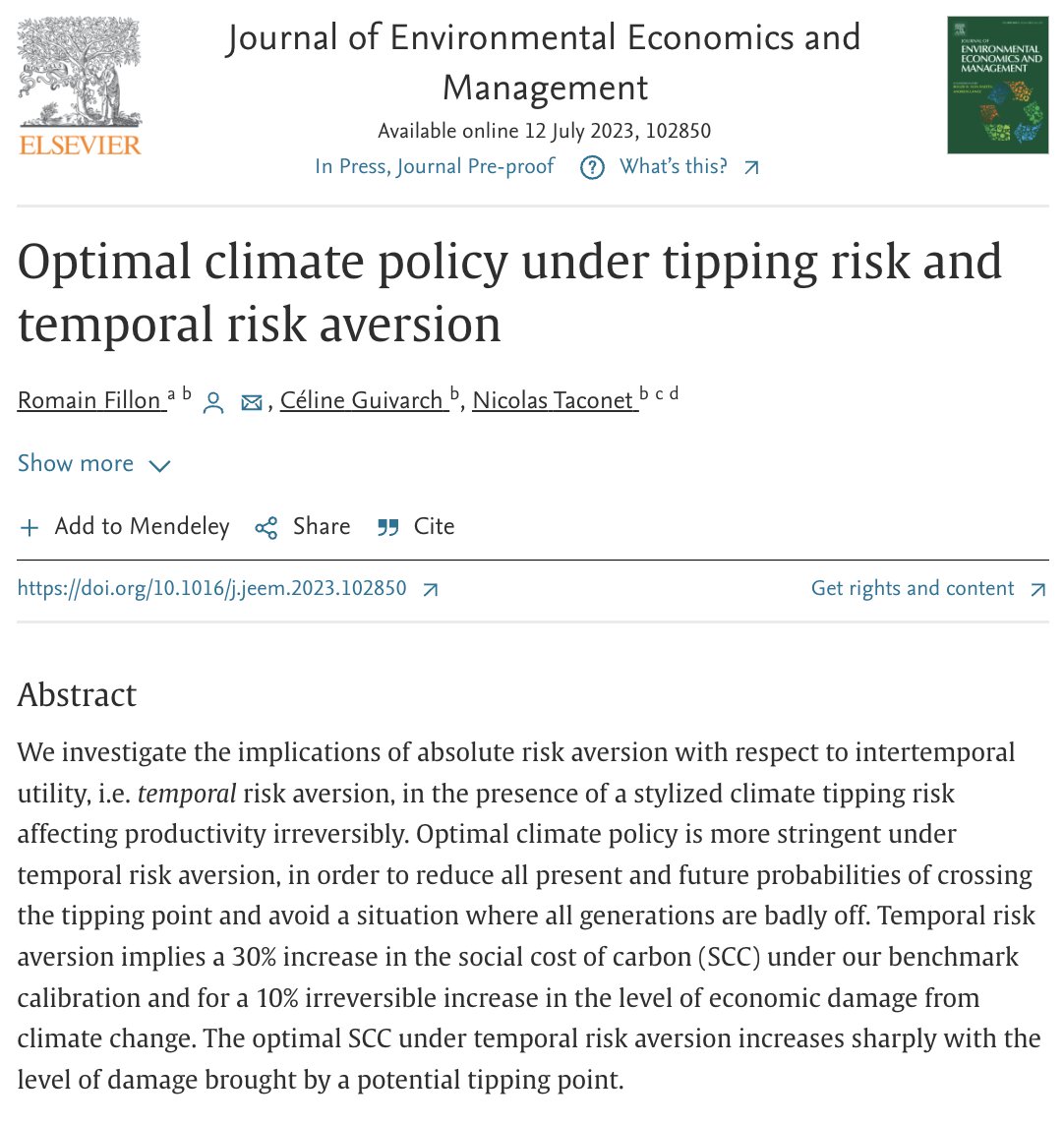 How does optimal climate policy change when accounting for tipping points and temporal risk aversion?

@rofillon, <a href="/CelineGuivarch/">Celine Guivarch</a>, &amp; <a href="/ntaconet/">Nicolas Taconet</a> show that the optimal SCC increases with RA and damages from tipping points.

🔗: sciencedirect.com/science/articl…