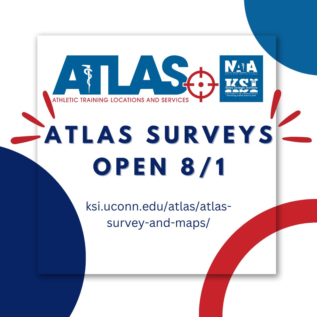 SECONDARY SCHOOL ATHLETIC TRAINERS!!! The ATLAS Survey reopens tomorrow. Make sure to check your school and update your surveys to include the most accurate information! ksi.uconn.edu/atlas-survey-a…