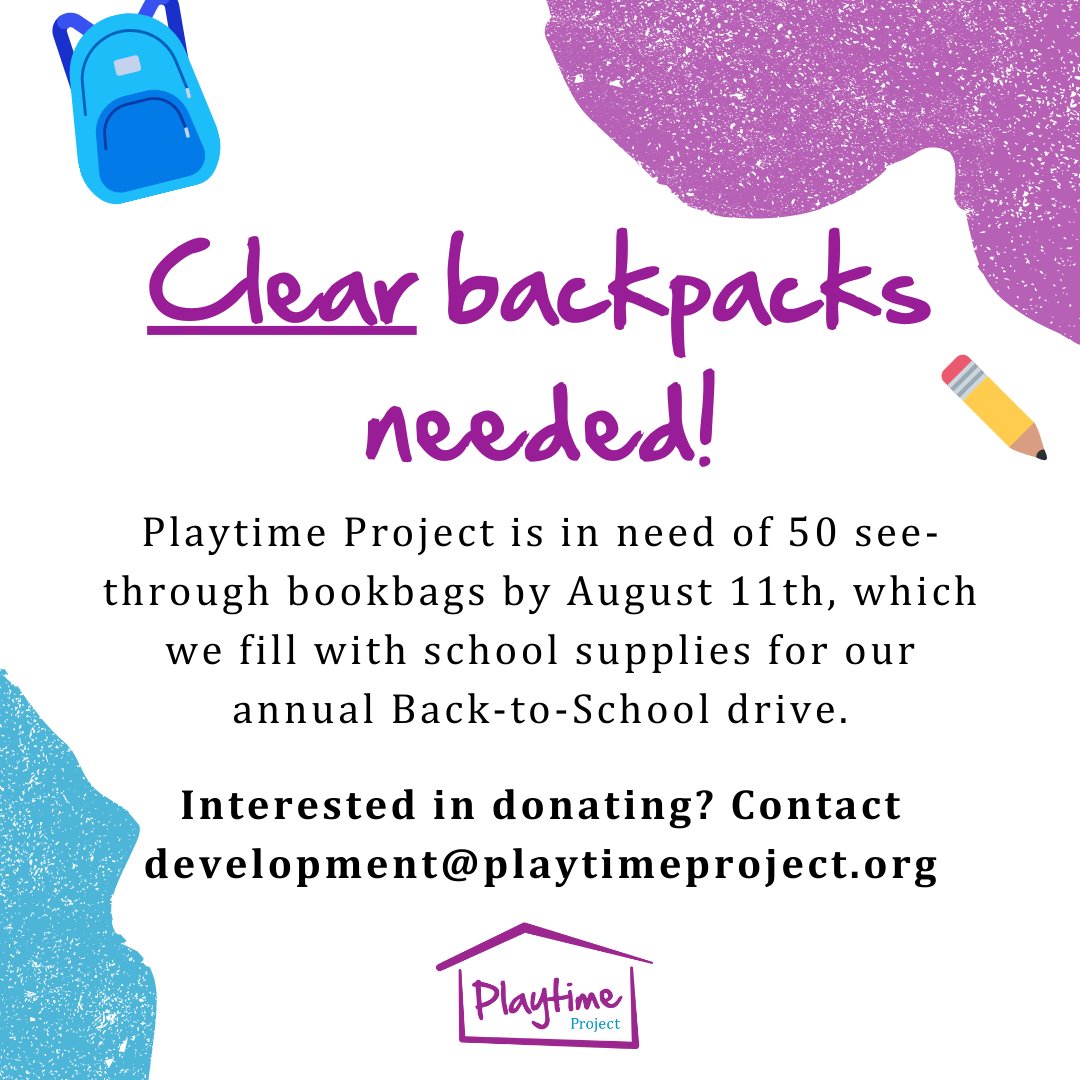 ProjectPlaytime's tweet photo. Calling @ProjectPlaytime supporters! We're in need of 50 clear backpacks for our #BackToSchoolDrive.๐#PrinceGeorgesCounty now requires ALL backpacks to be see-through for 6-12th graders. Email development@playtimeproject.org to donate by 8/11. TY! #bookbagdrive #donationsneeded https://t.co/fZwLzipf1M