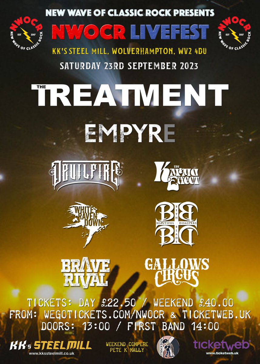 Gallows Circus (@gallowscircus) on Twitter photo Day tickets are now available for NWOCR LiveFest 2 at KK'S Steel Mill, Wolverhampton for the weekend of Saturday 23rd and Sunday 24th September at £22.50 per day from wegottickets.com/nwocr. Weekend tickets are also still available at £40.00 for Adults and £20.00 for U14. Day tickets are now available for NWOCR LiveFest 2 at KK'S Steel Mill, Wolverhampton for the weekend of Saturday 23rd and Sunday 24th September at £22.50 per day from wegottickets.com/nwocr. Weekend tickets are also still available at £40.00 for Adults and £20.00 for U14.
