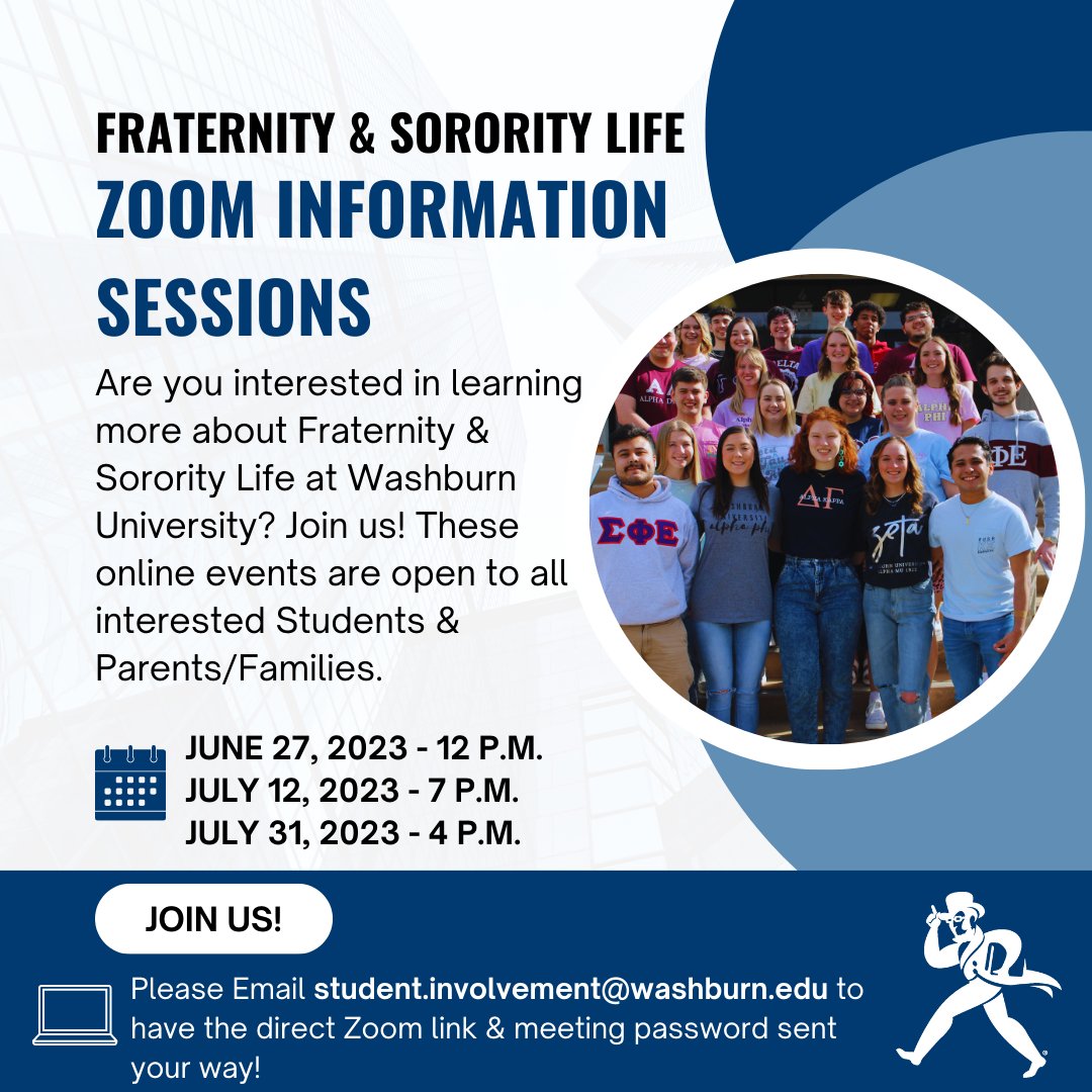 WU Involved (@wuinvolved) on Twitter photo Are you interested in learning more about Fraternity & Sorority Life at <a href="/WashburnUniv/">Washburn University</a> ? Today is Your Day - The LAST Chance to join one of our FSL Zoom Information Sessions is TODAY @ 4PM! Email student.involvement@washburn.edu to get the Direct Zoom/Meeting Link!💻 #GoGreek Are you interested in learning more about Fraternity & Sorority Life at <a href="/WashburnUniv/">Washburn University</a> ? Today is Your Day - The LAST Chance to join one of our FSL Zoom Information Sessions is TODAY @ 4PM! Email student.involvement@washburn.edu to get the Direct Zoom/Meeting Link!💻 #GoGreek