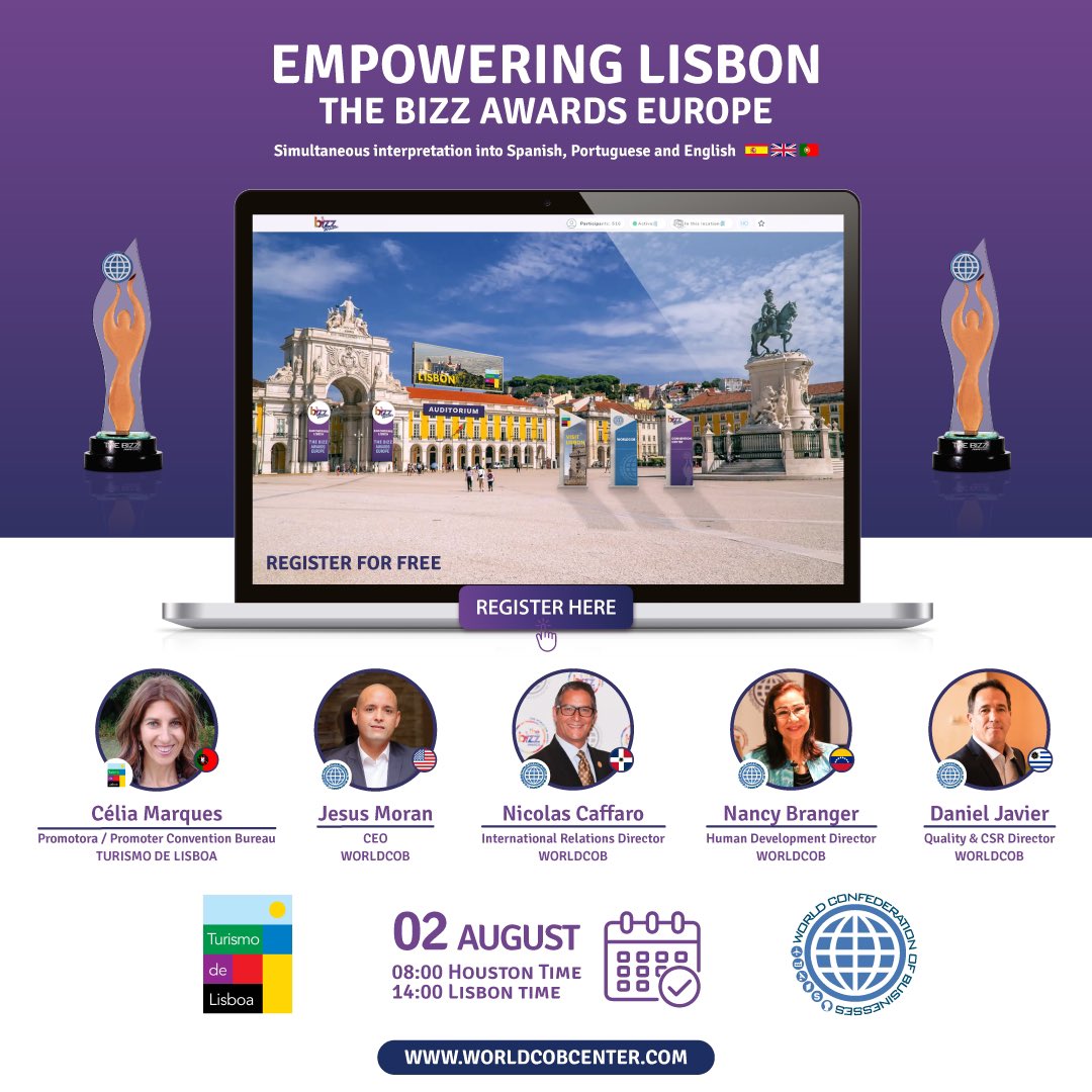 WORLDCOB's tweet photo. 🥳We invite you to participate in our new BIZZ Webinar "Empowering Lisbon: THE BIZZ AWARDS EUROPE to be held on August 02 we want to promote Lisbon to people interested in traveling and enjoying this great tourist destination.

👉🏻Register for free here ->  https://t.co/lcMiSoiP4q https://t.co/7ILnqUnUcg