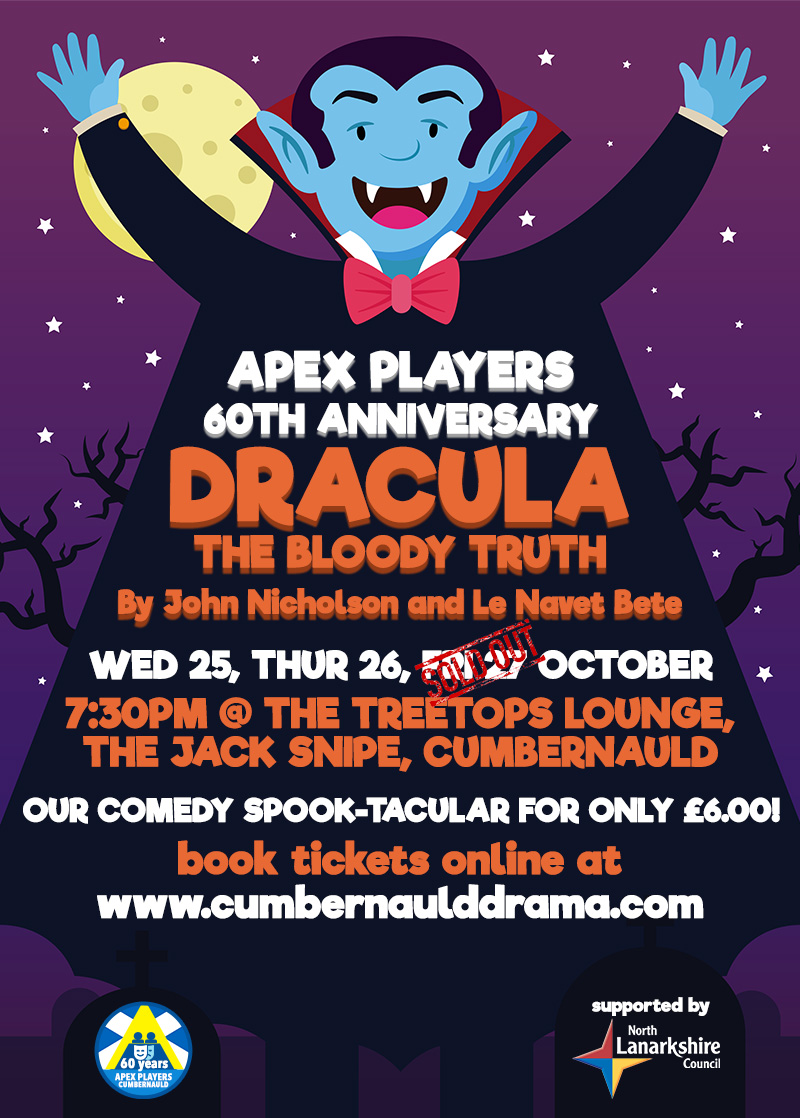 Extra night added for Dracula: The Bloody Truth on Wednesday 25 Oct, tickets only £6!
A great night out in the pub too!
cumbernaulddrama.com/dracula-the-bl…
#amdram #theatre #comedy #dracula #spoof