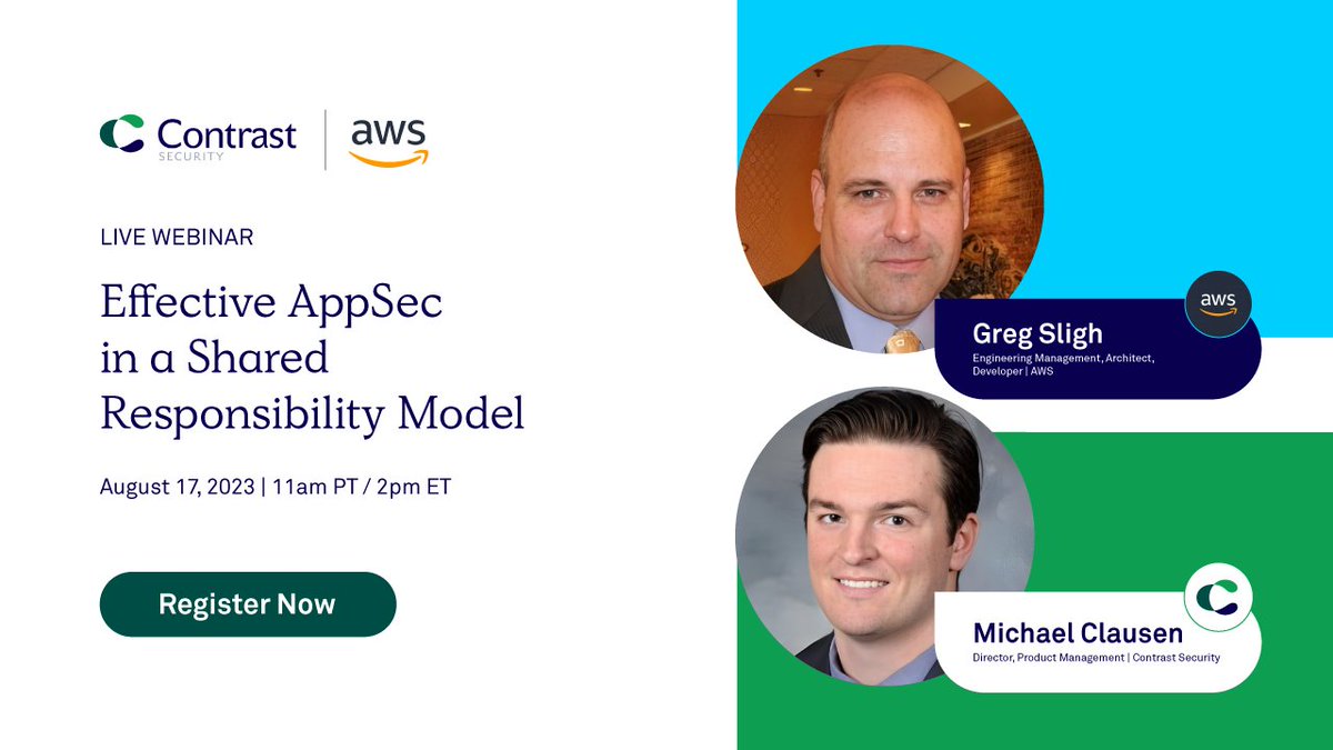 contrastsec's tweet image. Discover best practices in app security from #AWS and Contrast Security experts! Join our very own Michael Clausen &amp;amp; Greg Sligh from AWS on 7/12 and learn to implement #ShiftSmart, leverage AWS, and more! Register now: contrastsecurity.com/aws-webinar-au…