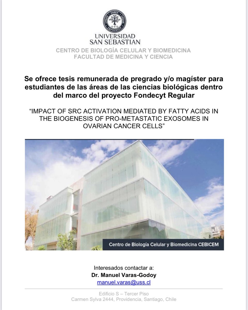 manuelvaras's tweet photo. Se ofrece tesis remunerada de pregrado y/o magíster para estudiantes de las áreas de las ciencias biológicas dentro del marco del proyecto Fondecyt Regular @_SBCCh @FunCienciayVida @VRID_USS https://t.co/t5lq1XcM9w