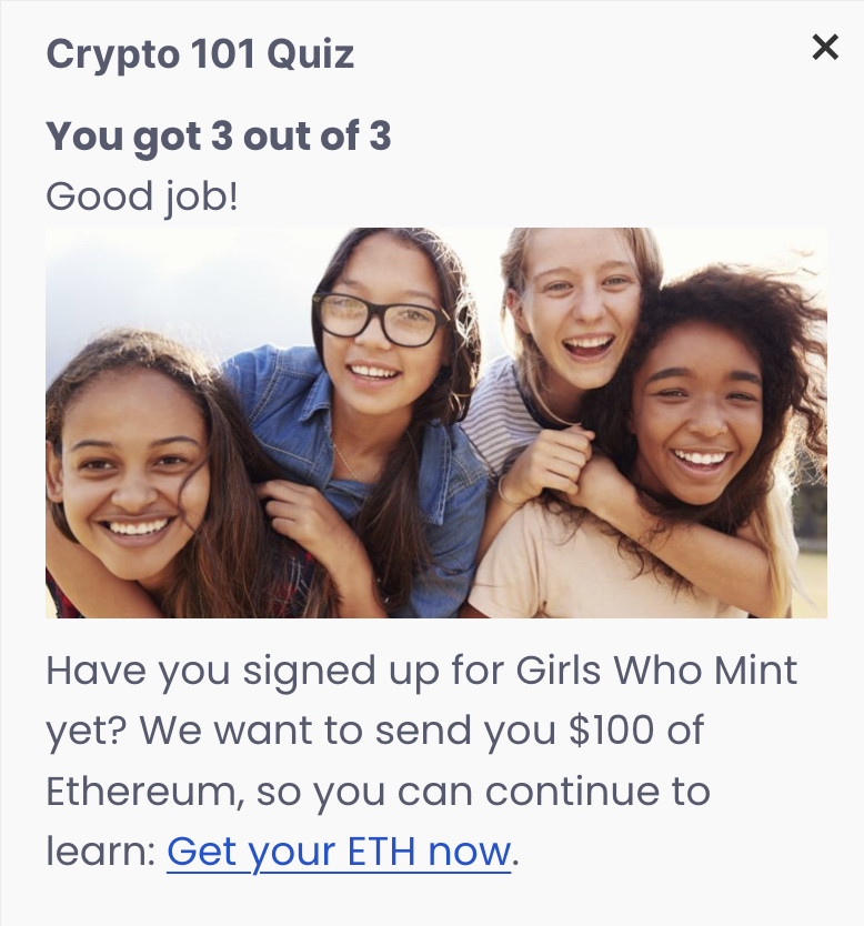 A little preview of what you'll earn when you complete our Crypto 101 quiz on BUIDL💪 

We're committed to lowering the barrier to entry for girls into web3- that's why we've created an entirely FREE education resource! 😎😎

learn.missocoolgirls.xyz