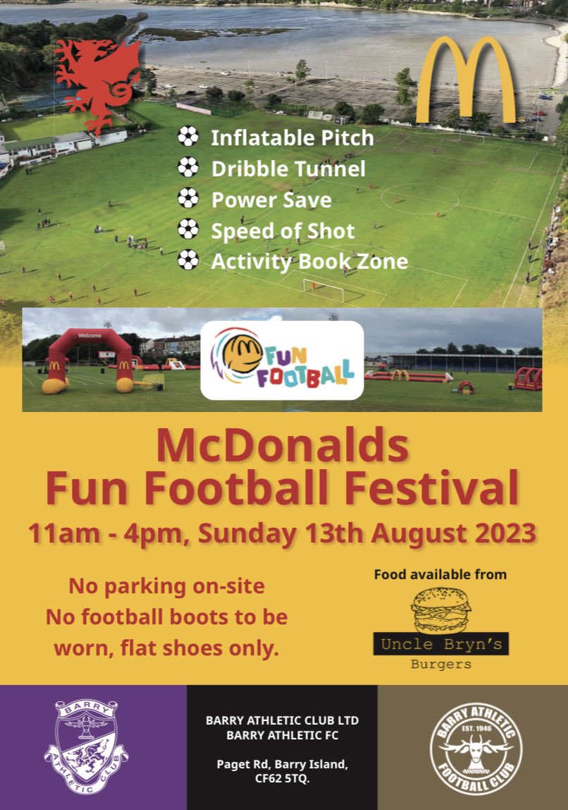 We are proud to announce that we are hosting an <a href="/FAWales/">FA WALES</a> <a href="/McDonaldsUK/">McDonald's UK</a> Fun Football Festival on Sunday 13th August. Inflatable pitches, dribbling challenges, bouncy goalkeeping and speed gun shooting are but a few of the fun games being brought to the Athletic Ground next month