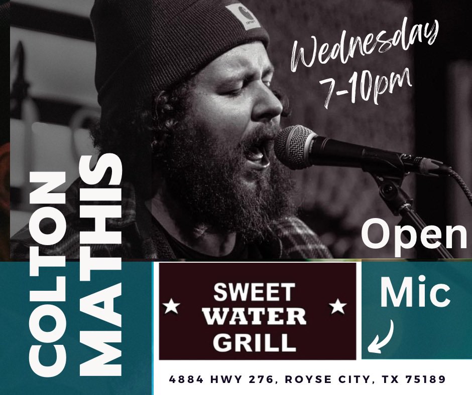 TstBuzz's tweet photo. Open Mic at @SweetwaterGrilI is the place to be on Wednesday Nights!  This week’s host is @ColtonMathisTX @TstBuzz ⚡️ #tstbuzz  #openmicnight  #playussomethingcountry #rockus #playsomethingoriginal  #singusasong  #joinusforfun https://t.co/wuuezN2XmR