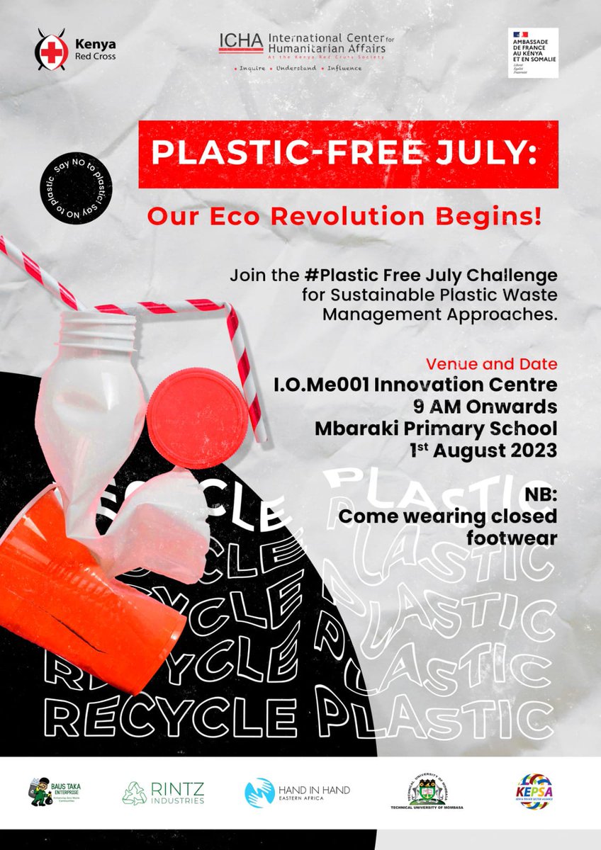 @KenyaRedCross & partners will be hosting a #PlasticFreeJuly challenge at #iome001 Mombasa tomorrow 31st at Mbaraki School. The activities will be a panel discussion and #upcycling challenge with @BausTaka  @EnvironmentMom1  @vintzplastics @HandinHandEA   @Tum001Ke @KEPSA_KENYA