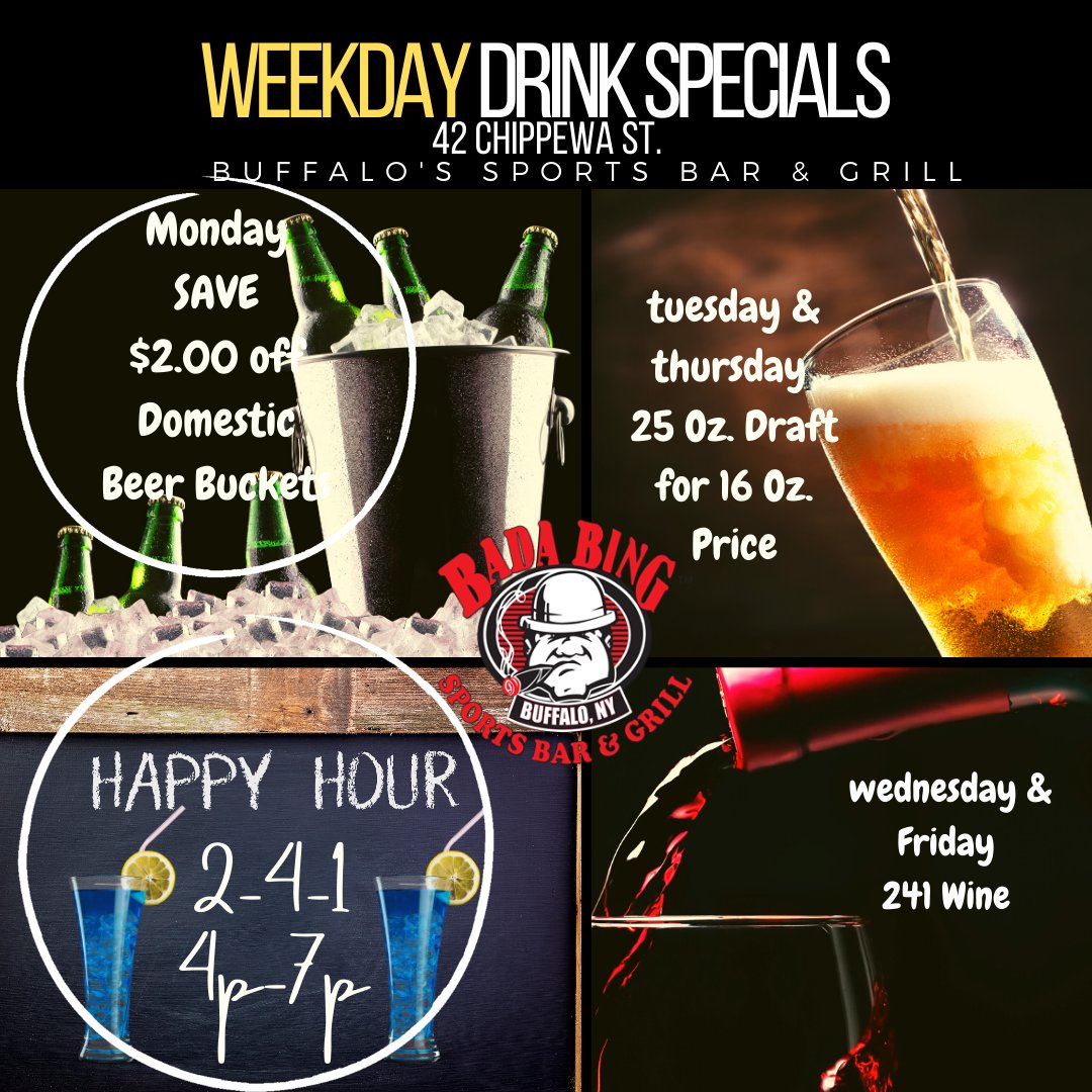BadaBingBuffalo's tweet photo. Kitchen is open Monday 11a-11p
Bring it to the BING for dinner &amp; drinks
Drink specials rock!
https://t.co/O4kx0qrEnM
#42Chippewa #Buffalo https://t.co/e6MPHwaHHY