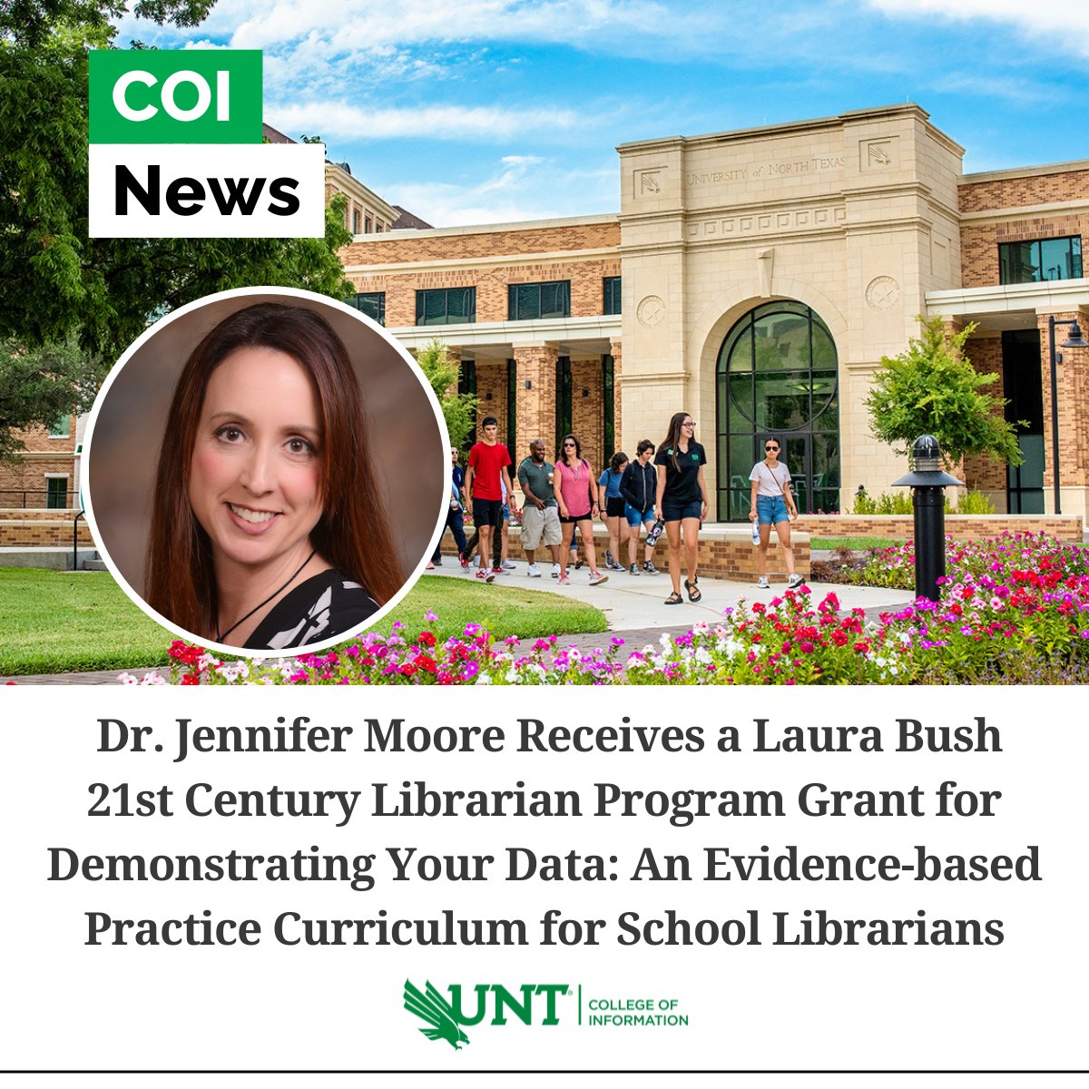 Dr. Jennifer Moore is the co-recipient of a Laura Bush 21st Century Librarian Program Grant for “Demonstrating Your Data: An Evidence-based Practice Curriculum for School Librarians.” 

#UNTCOI #UNT #iSchool #IMLS #IMLSgrant #LauraBush #Library #Curriculum #SchoolLibrarian