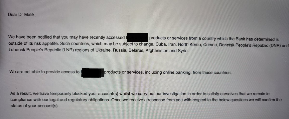 My podcast bank account has been frozen.
What the hell?
I haven't accessed products or services from Cuba, Iran, North Korea, Crimea etc
What is this?