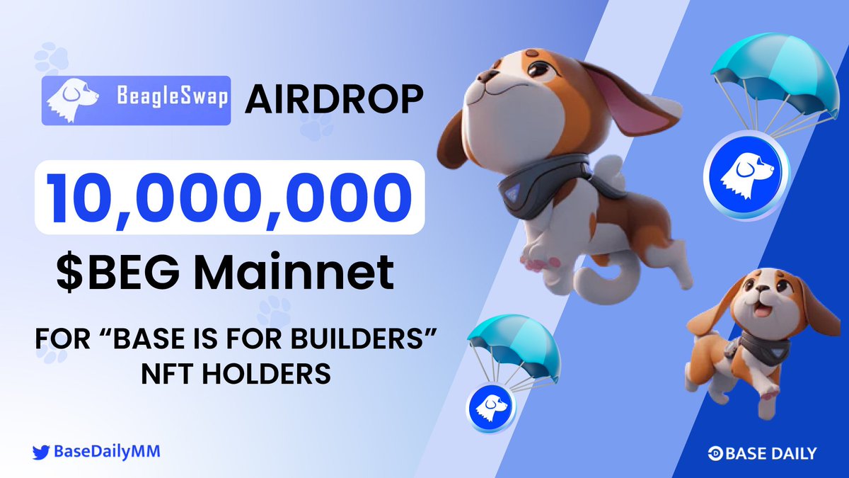 JuliaFurquim's tweet photo. 🚀 BeagleSwap Airdrop Campaign

🎁 Prizes: 10,000,000 $BEG Airdrop are ready for "Base is for Builders" NFT Holders on Mainnet!

⏰ Duration: 2023/07/31 - 2023/08/04

👉 How to join: https://t.co/rO51vNkQG3

Don't miss out 💪

#Airdrop #Base #NFT https://t.co/KaMmDAwTuo