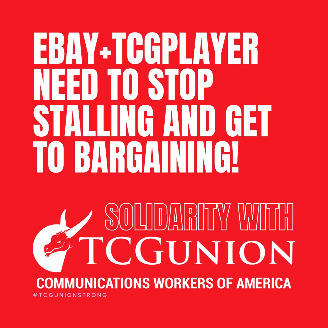 In March workers at TCGplayer voted to form a union! Since then @eBay & @TCGplayer have filed bogus appeals to stall, instead of bargaining in good faith.

We're with @TCGunionCWA!

eBay & TCGplayer drop the appeals and stop obstructing the union #TCGUnionStrong #SolidaritySummer