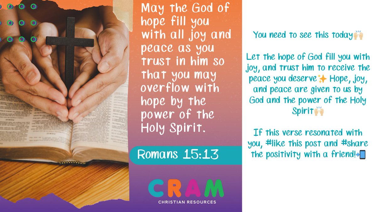 CRAM4Kidz's tweet photo. You need to see this today🙌🏼

Let the hope of God fill you with the joy and peace you deserve, given to us by God and the power of the Holy Spirit🙌🏼

#bibleverses #kingdompurpose #christianchildren #christiancreativenetwork #christianyouthwork   #christianworksforchildren https://t.co/uW2mNuUA1S