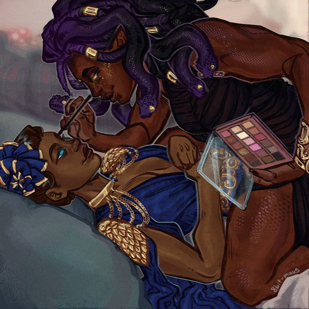 Drakoniques's tweet image. Oh my gods, they were Ascension Ball dates~! 💄

I c☀️mmissioned art of my Strixhaven @StrixHigherEd character, Barugash, with their Quandrix date, Tilana! Just two historical platonic best friends getting ready to go to a ball together. #HigherEdRPG

🎨: @azucar_arts!
