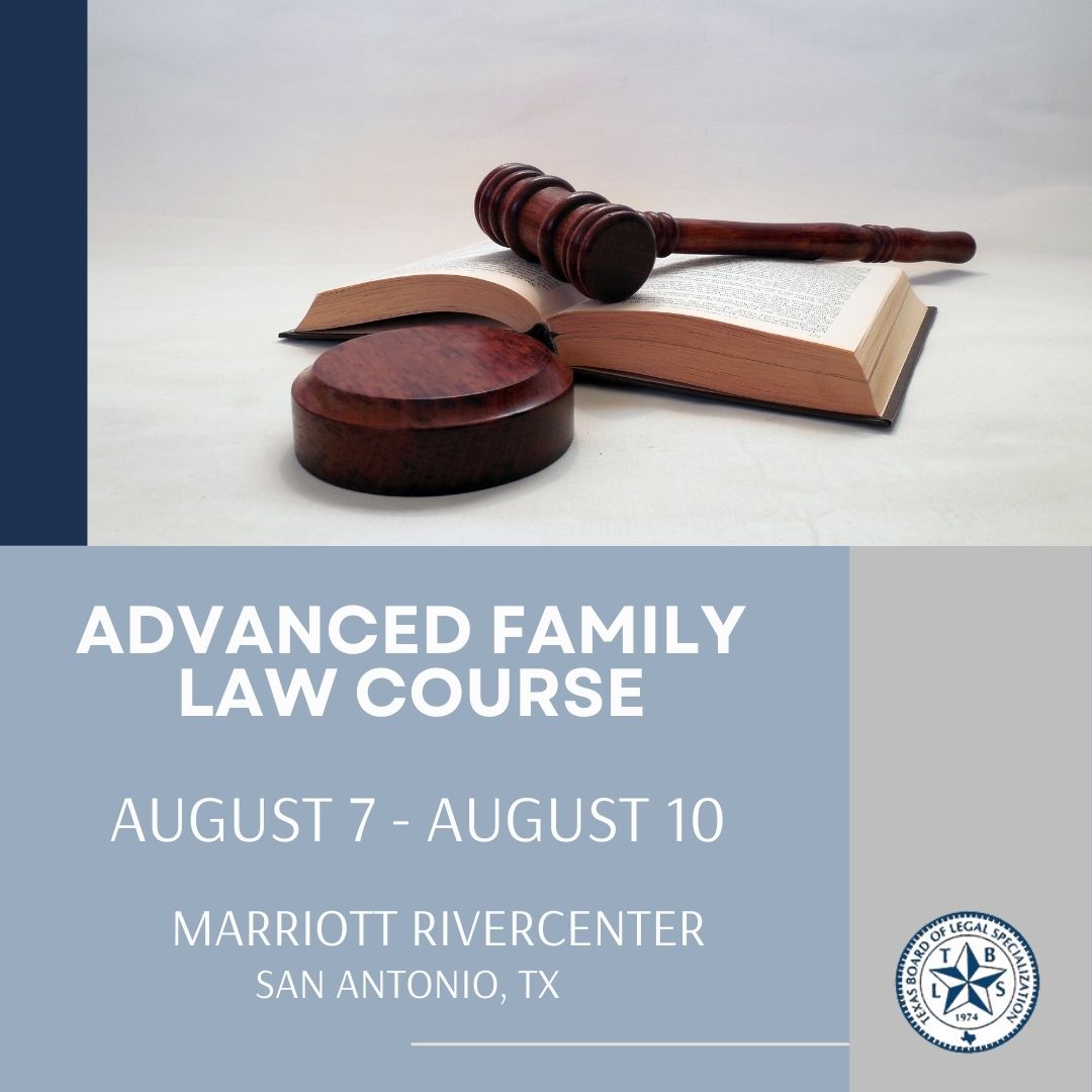 Join us next week for the Advanced Family Law Course on August 7-August 10. Enhance your practice and network with experts in the legal industry. Visit our booth to learn more about TBLS: ow.ly/NzFy50P94sM 

#BoardCertified #AdvancedFamilyLaw #SanAntonio