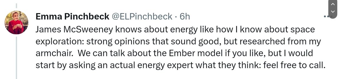 @WestminsterPup @mrianleslie @ELPinchbeck 'Feel free to call'. As an 𝗮𝗰𝘁𝘂𝗮𝗹 'energy expert', I would happily make the same offer to Emma. However, she blocked me after I pointed out that she is not an expert but a PR shill with a seriously inflated sense of her own importance. A very dangerous lunatic.