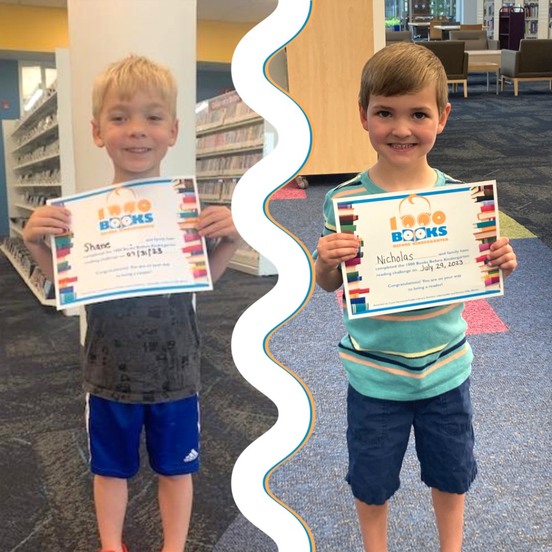 CookLibrary's tweet photo. Who has a big grin and finished reading 1000 books before kindergarten this past weekend? Both Shane and Nicholas! Congratulations, kiddos!
#newlibrarycard #1kbk #1000books https://t.co/p029zHSK6Q