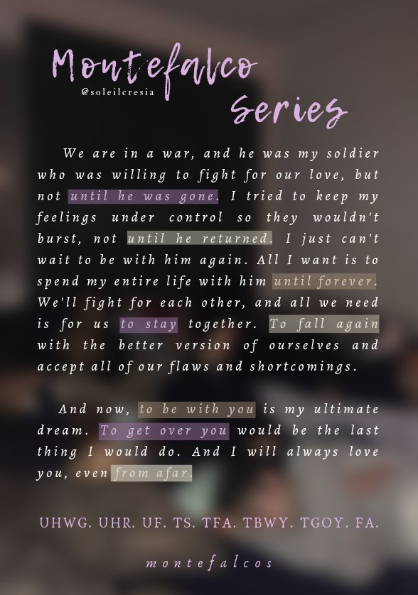 soleilcresia's tweet photo. montefalco series. until he was gone. until he returned. until forever. to stay. to fall again. to be with you. to get over you. from afar. cagayan de oro.
it's already august, and guess what? it's montefalco month! 💜
#MSERIES2023 https://t.co/MJHJV0uXmf