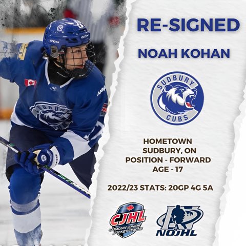 CubsNOJHL's tweet photo. 🚨‼️Re-signed alert ‼️🚨

The Greater Sudbury Cubs are excited to announce the return of Noah Kohan for the 2023/24 season ! 

Welcome back to #cubscountry 🐻 https://t.co/UoCnKzrG07