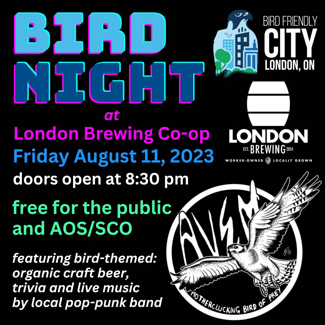 Join us for a bird-themed pub night on August 11 at the London Brewing Co-op! Open to the public and attendees of the <a href="/AmOrnith/">American Ornithological Society</a>/<a href="/SCO_SOC/">SCO-SOC</a> conference happening in #ldnont. More info:
birdfriendlylondon.ca/bird-night