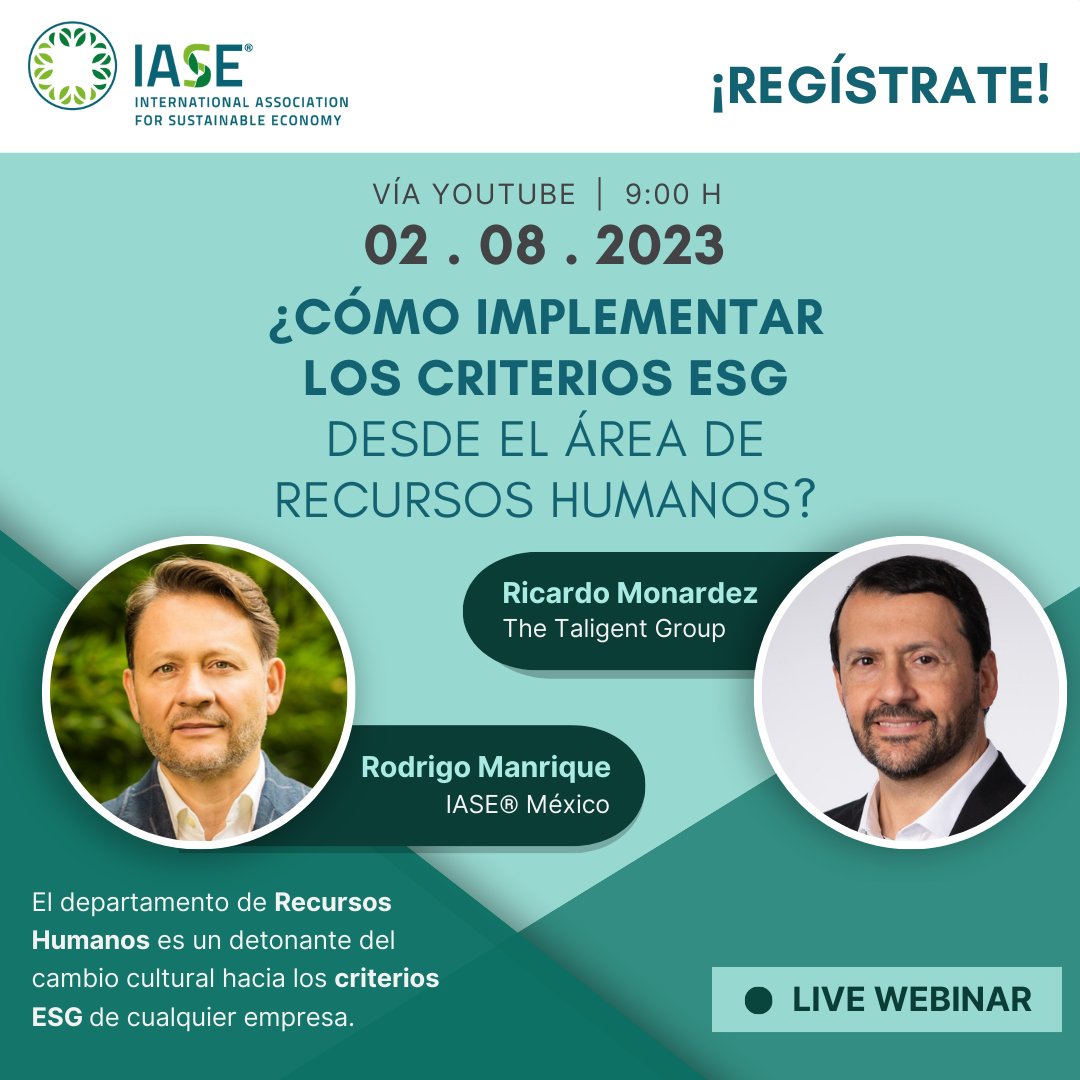 🟩 Todo está listo para nuestro webinar: “¿Cómo implementar los criterios ESG desde el área de Recursos Humanos?”, impartido por Rodrigo Manrique (<a href="/romagopi/">rodrigo manrique</a>) y Ricardo Monardez.

🚨Regístrate: shorturl.at/hpJ25
🗓️Miércoles 02 de agosto 
🕗09:00 a 10:00 h