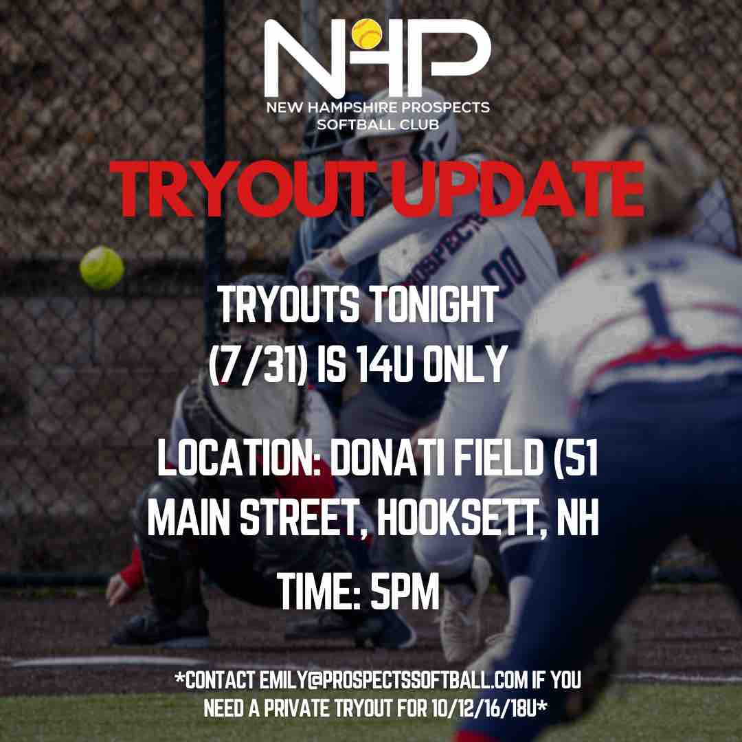 TRYOUT UPDATE! Tonight’s tryout is 14U only at 5PM. If you need a private tryout email Emily.