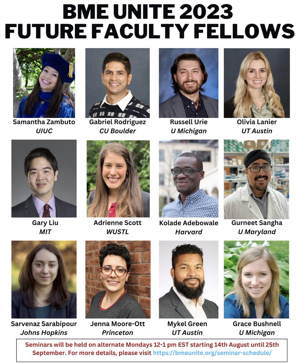 We are excited to present the 2023 BME UNITE Future Faculty Fellows! Are you hiring BME faculty this fall? Come learn about their outstanding research starting Monday Aug 14th - all of them are applying for faculty positions this year! Register here: bmeunite.org/seminar-schedu…