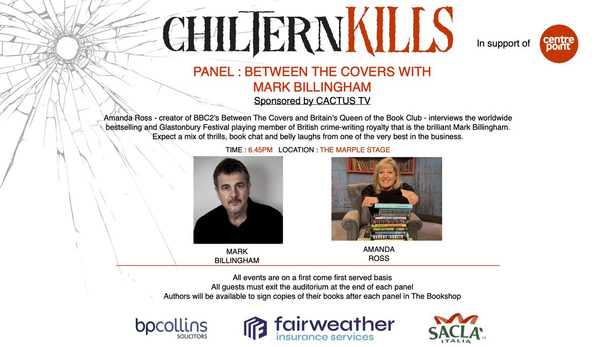 Crime writing icon @MarkBillingham v. the Queen of book TV @amandacactuseadly at the #ChilternKills crime festival for @centrepointuk. 70 authors on Oct 7th Gerrards Cross, 20 mins from Marylebone, tickets chilternkills.com sponsored by #betweenthecovers & @SaturdayKitchen