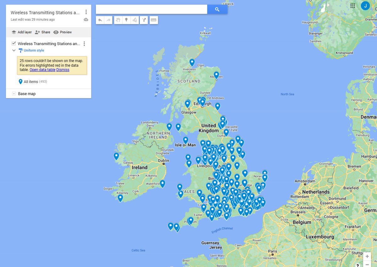 I've made an interactive map of wireless (radio) transmitting stations, 1923. If you click on a pin it calls up the call sign and other information. google.com/maps/d/u/0/edi…