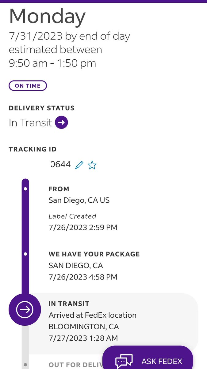 clanman36's tweet photo. @FedEx not sure how my package is expected to be delivered today in Bozeman, Montana when it's been stuck in Bloomington, CA since 7/27. https://t.co/qFqyUQkIHb