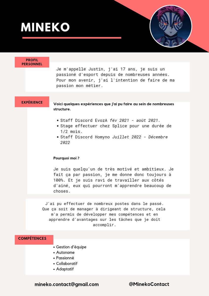 MinekoContact's tweet photo. Bonsoir à tous,

Je suis actuellement à la recherche d'une organisation qui aurait les capacités de me former où d'une équipe qui recherche du personnel dans le head staff.

Merci à tous ceux qui pourrait partager mon profil.

PS : Une participation à la Louvard est un plus. https://t.co/EqNl7Q5GFo