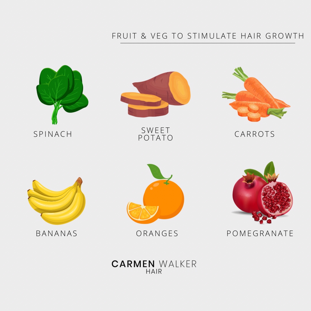 Here are some of our favourite fruit and vegetables that can have a huge impact on stimulating hair growth! ⁠
⁠
Are any of these your favourite? See if you can incorporate these simple foods into your diet to enhance hair health and growth —— 🍃🍠🥕🍌🍊🍇⁠