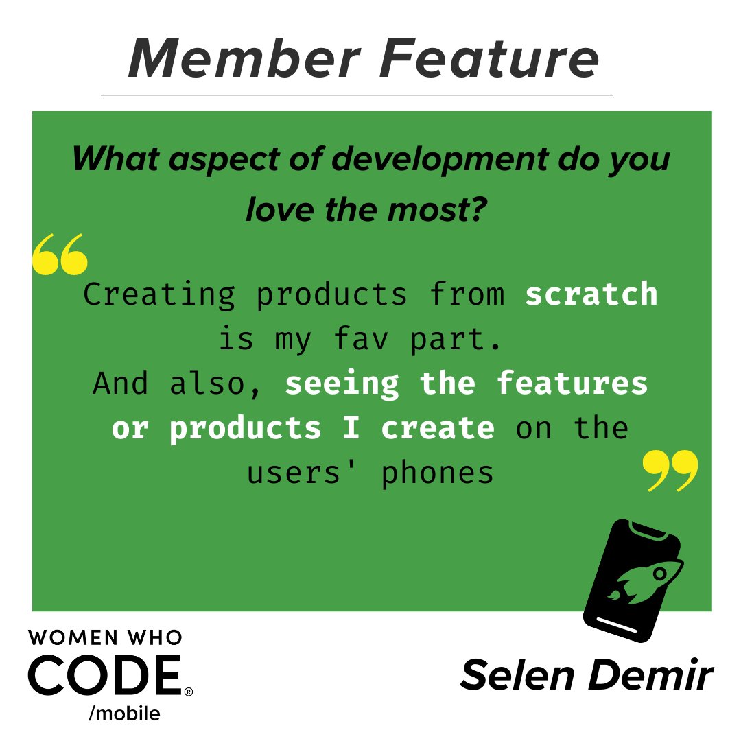 WWCodeMobile's tweet image. 💜 Meet our volunteer Selen Demir! 💜
Selen is an Android Developer 📱, lives in Antalya,Turkey 🌞 and writes short novels in her free time 🖊!
Swipe 👉 and find out what she told us!

#MemberFeature #WWCode #WomenInTech #WWCodeMobile #DEVCommunity