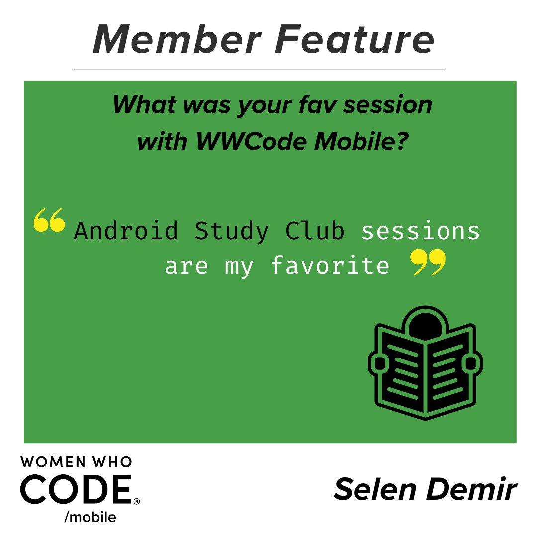WWCodeMobile's tweet image. 💜 Meet our volunteer Selen Demir! 💜
Selen is an Android Developer 📱, lives in Antalya,Turkey 🌞 and writes short novels in her free time 🖊!
Swipe 👉 and find out what she told us!

#MemberFeature #WWCode #WomenInTech #WWCodeMobile #DEVCommunity