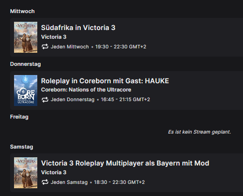 GaiusJCaesar_'s tweet photo. Streamplan für diese Woche:
Mi. 19:30 #Victoria3: Südafrika ist unabhängig & jetzt?
Do. 16:45 Roleplay Stadt in #Coreborn mit @typicallylotti & Special Guest @DerHauge als Schöpfer von #Ultracore
Das wird megaa! 🥳 @playCoreborn
Sa. 18:30 RP Multiplayer #Vic3 als Bayern https://t.co/iRkJe974Oh