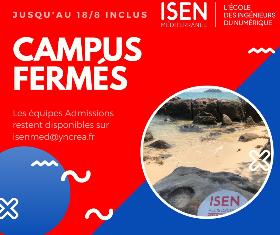 isenmed's tweet photo. [Congés d’été] 📢 | L’école est fermée jusqu'au vendredi 18/8 inclus.
Pour toute question, rendez-vous sur https://t.co/6nXPOJQrpX
Pour suivre votre dossier de candidature, vous pouvez joindre nos équipes à l’adresse 
suivante 📩 isenmed@yncrea.fr
Bonnes vacances https://t.co/Sgn07oWTIJ